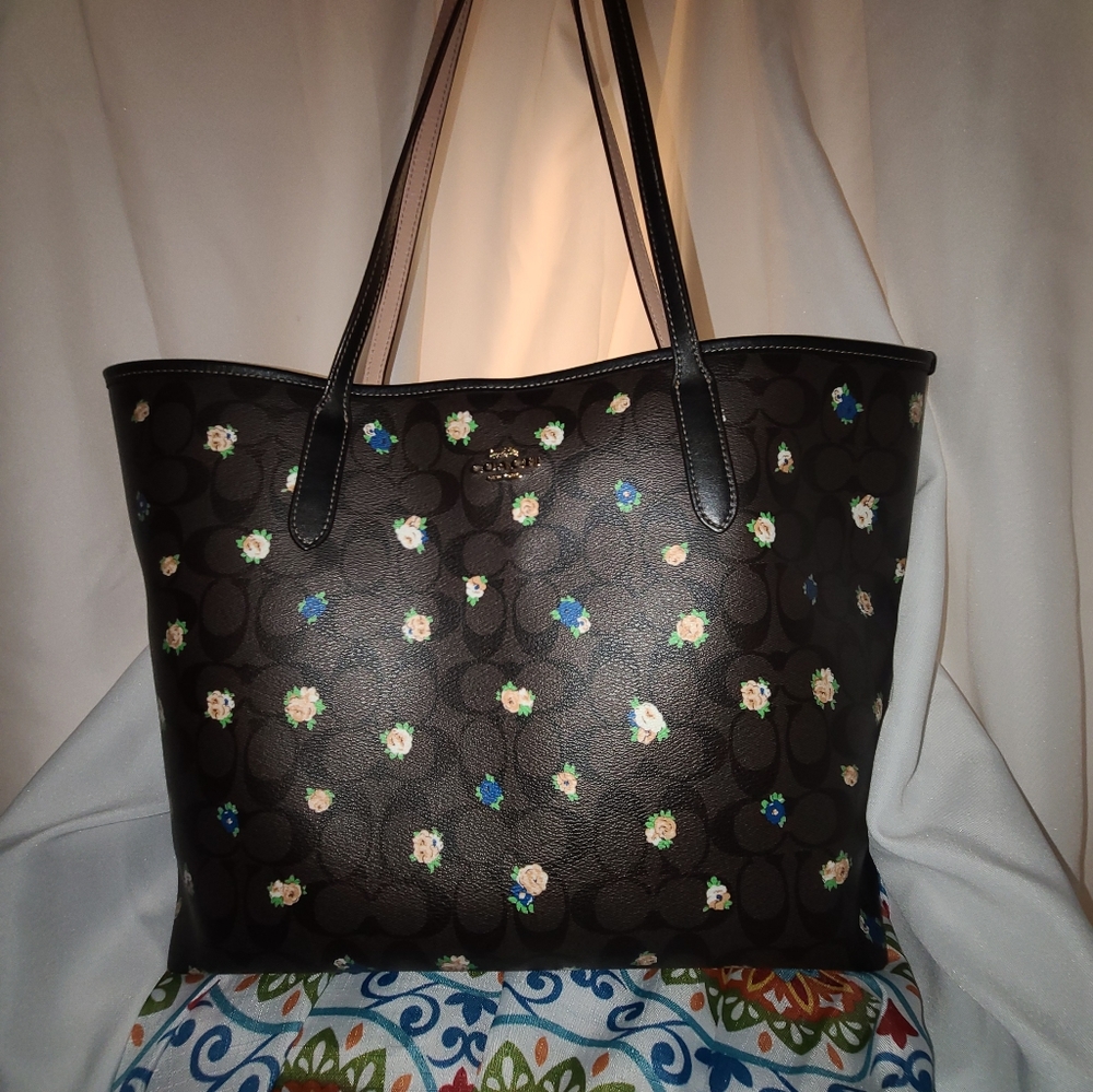 Brown Coach City Tote In Signature Canvas With Vintage Mini Rose Print